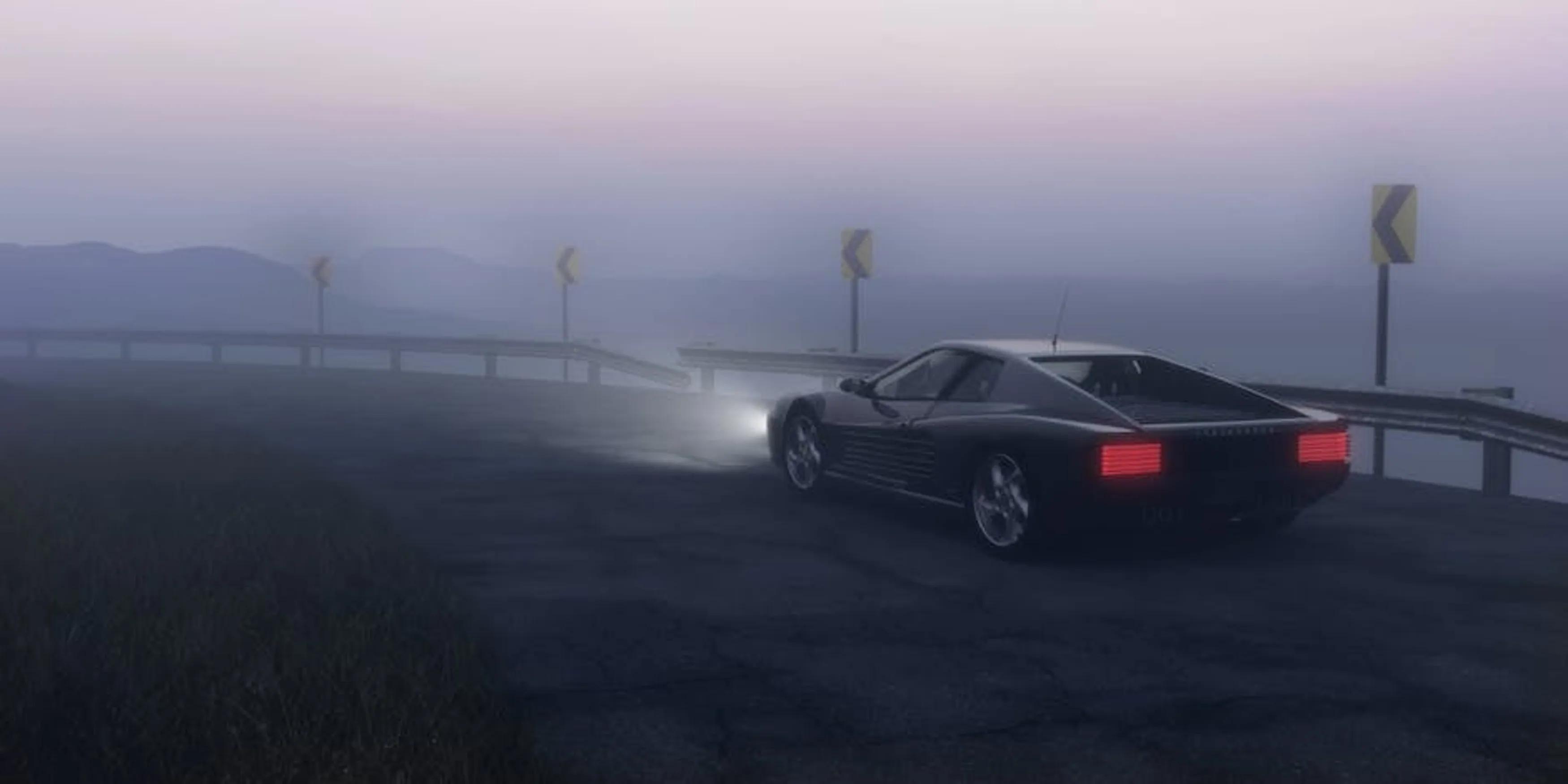 Vintage sports car navigating a foggy mountain road with headlights on at dawn. Early 20th-century automobile on a cobblestone street