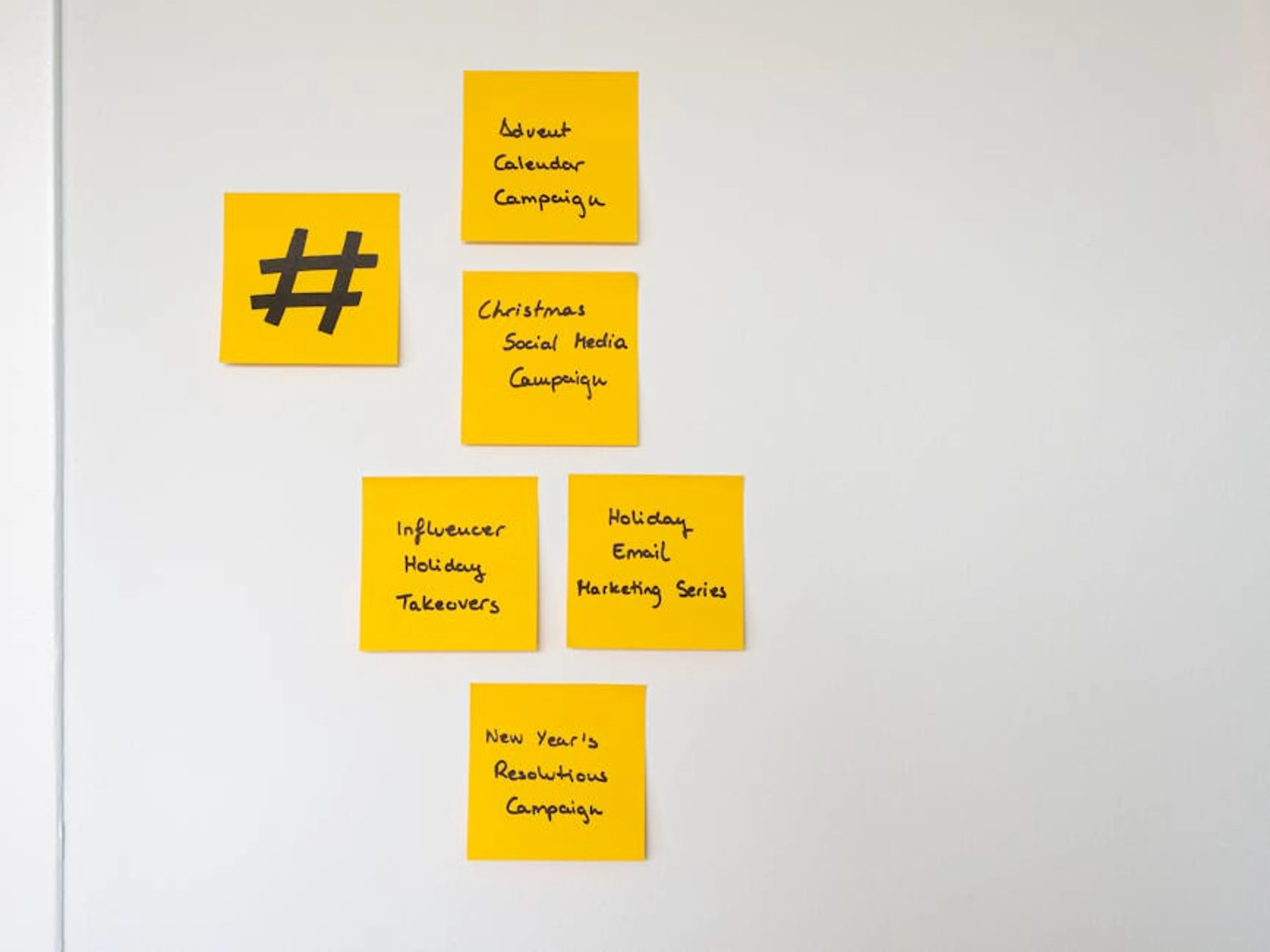 Organized yellow sticky notes on a white wall for holiday marketing strategies. Comparison chart showing features and pricing of various email marketing platforms