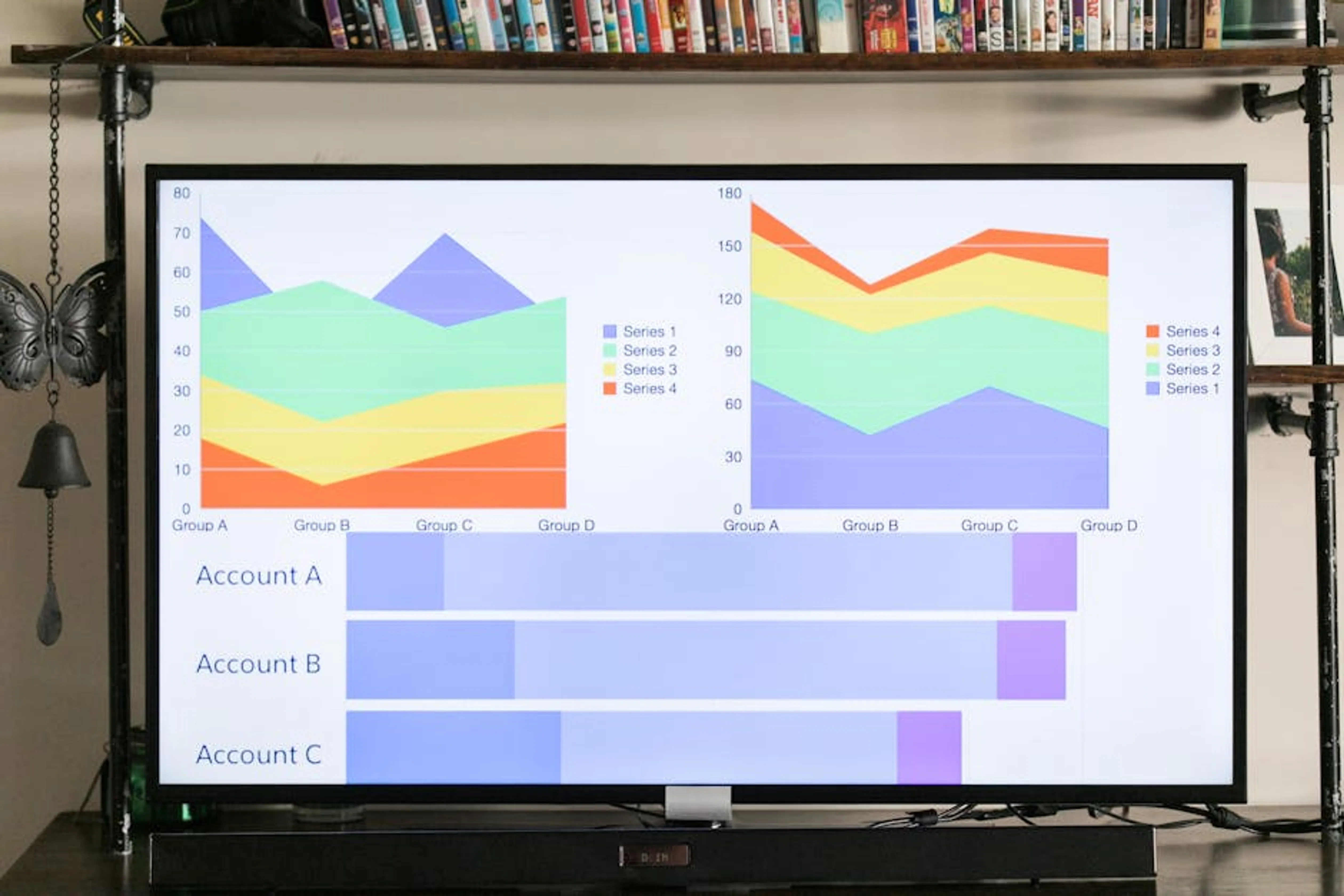 Television displaying colorful charts and graphs in a cozy indoor setting. A visual representation comparing different dietary approaches.