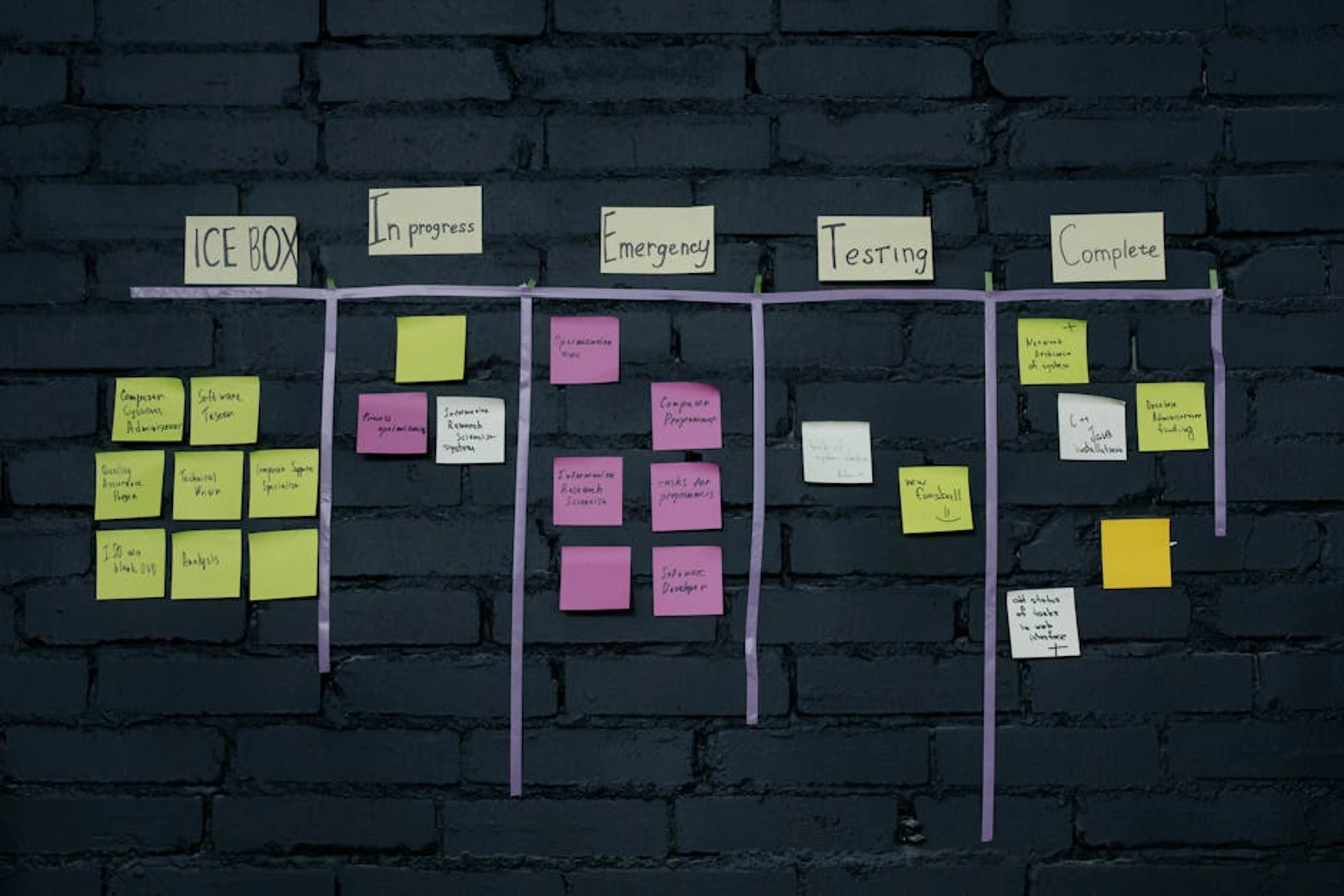 Top-down view of an office Kanban board with colorful sticky notes for task management and organization. A team collaborating around a Kanban board, illustrating agile project management in action.